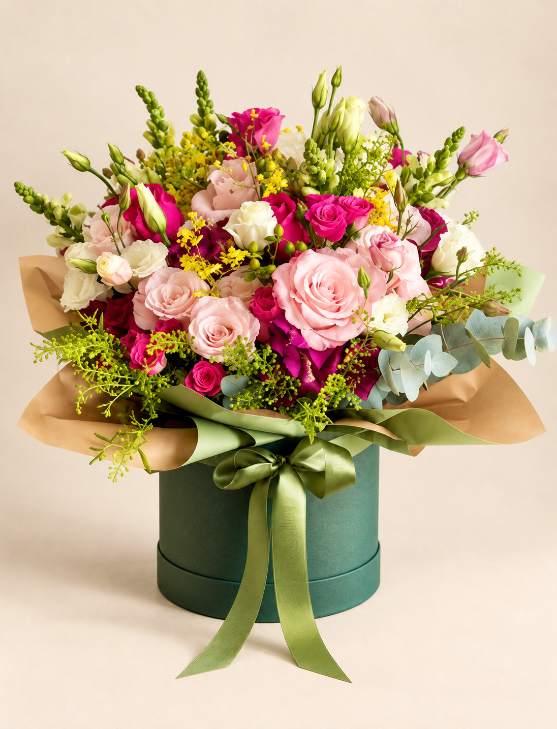 Box floral verde com rosas brancas, rosas claras e orquídeas